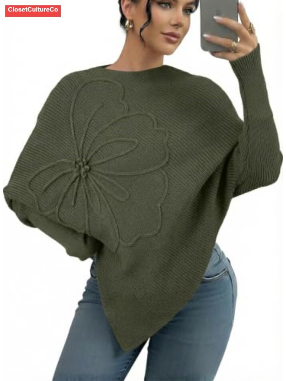 Dokotoo Poncho Knit Pullover Sweater Asymmetrical 3D Floral Batwing Sleeve